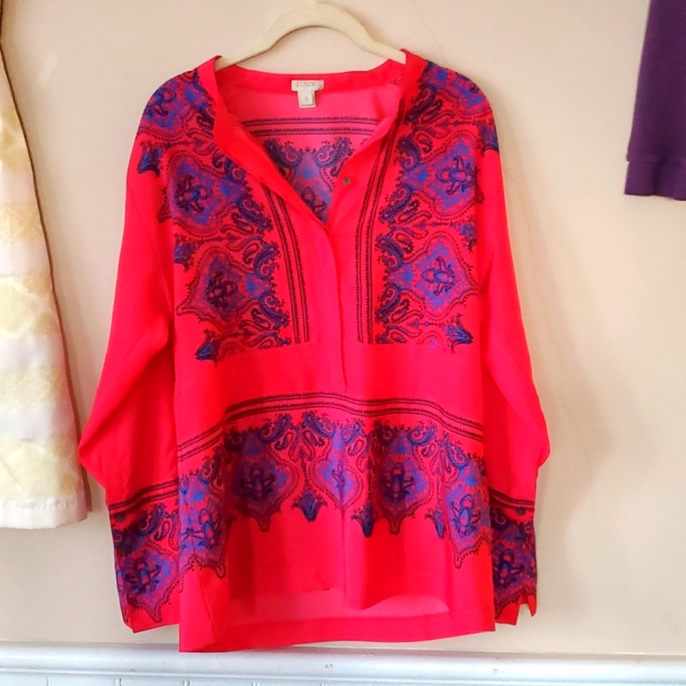 J Crew Boho tunic top 1/2 way button  Bright Pink Blue Paisley sz S